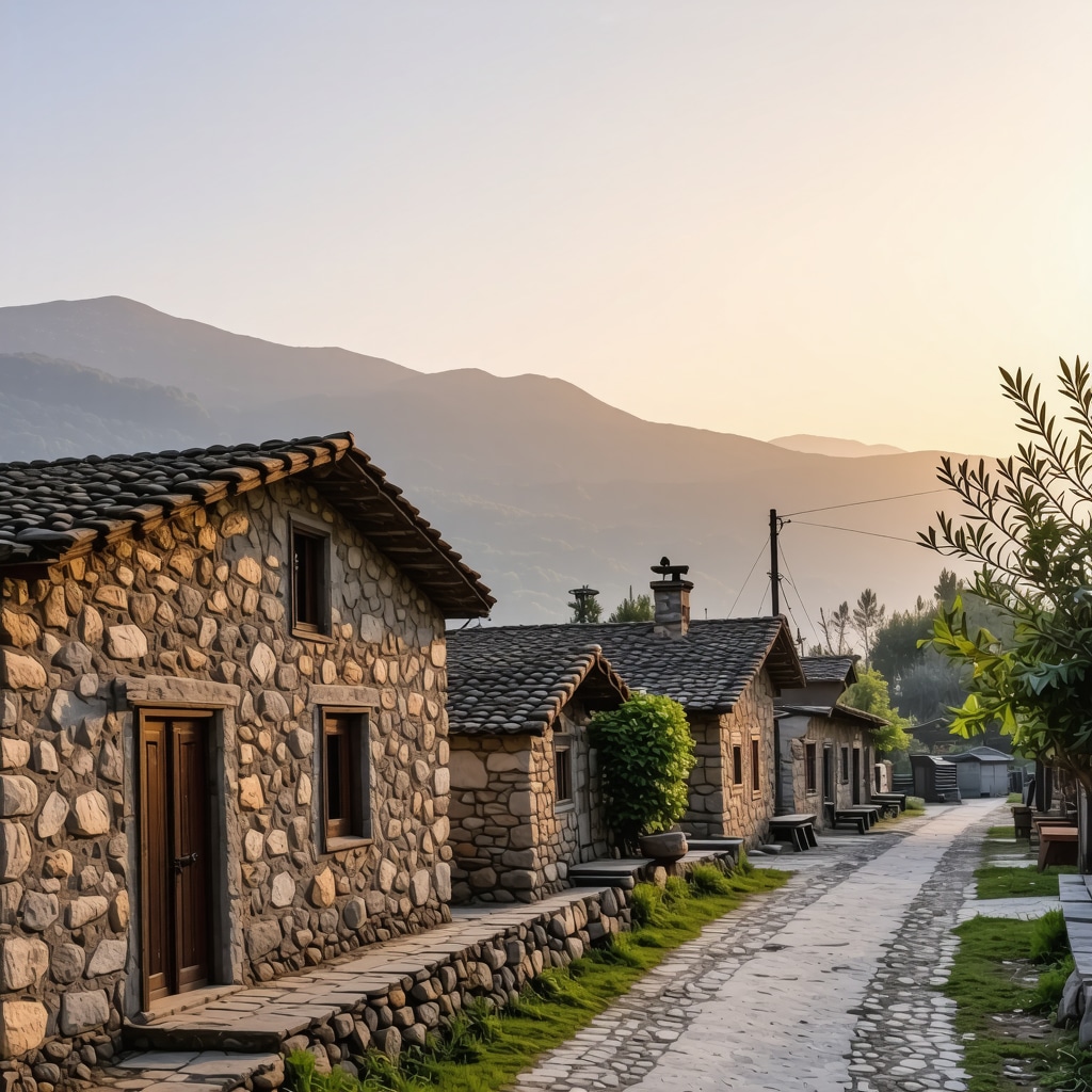 Kërçovë traditional houses with mountainous landscape at sunset