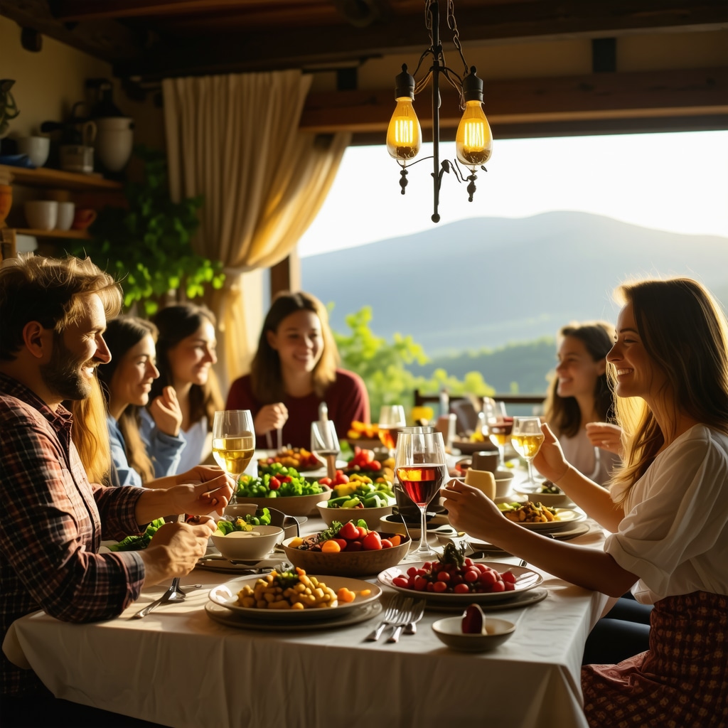 Family enjoying traditional dinner with local food in Tutin, Serbia