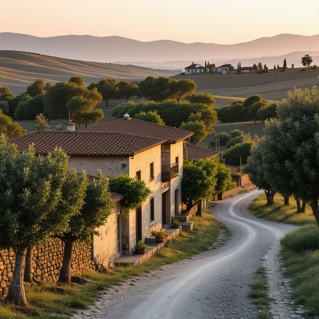 Traditional rural village landscape in Tekirdağ featuring houses, olive trees, and rolling hills at sunset