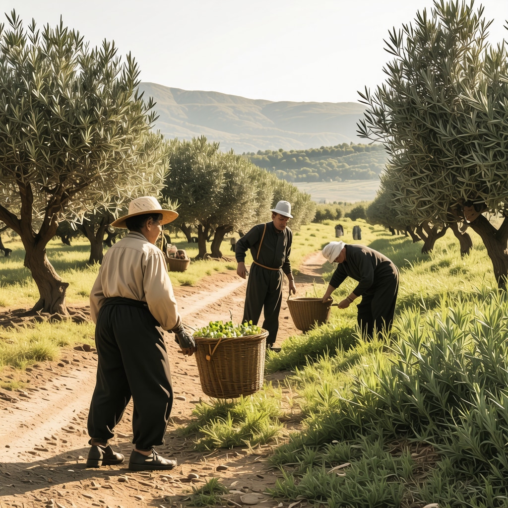 Rural village in Tekirdağ with olive groves and locals harvesting olives in autumn