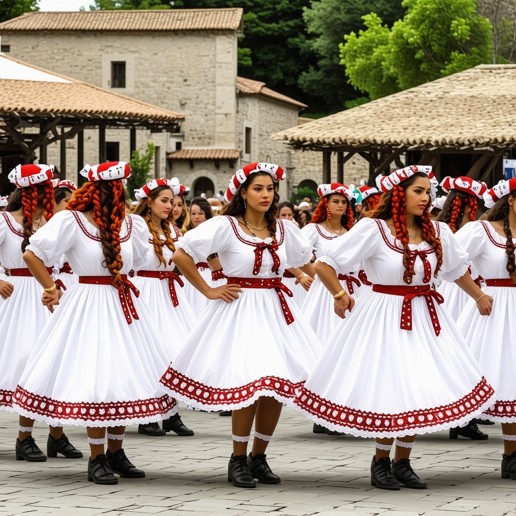 Festival in Trebinje featuring traditional Balkan costumes and Mediterranean-inspired dishes with historic cityscape