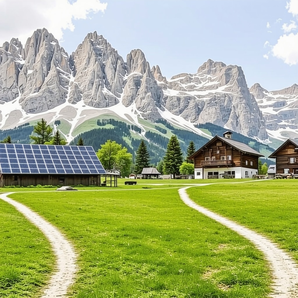 Panoramic view of Triglav National Park with hiking trails, solar panels, and eco-friendly tourist facilities in alpine landscape