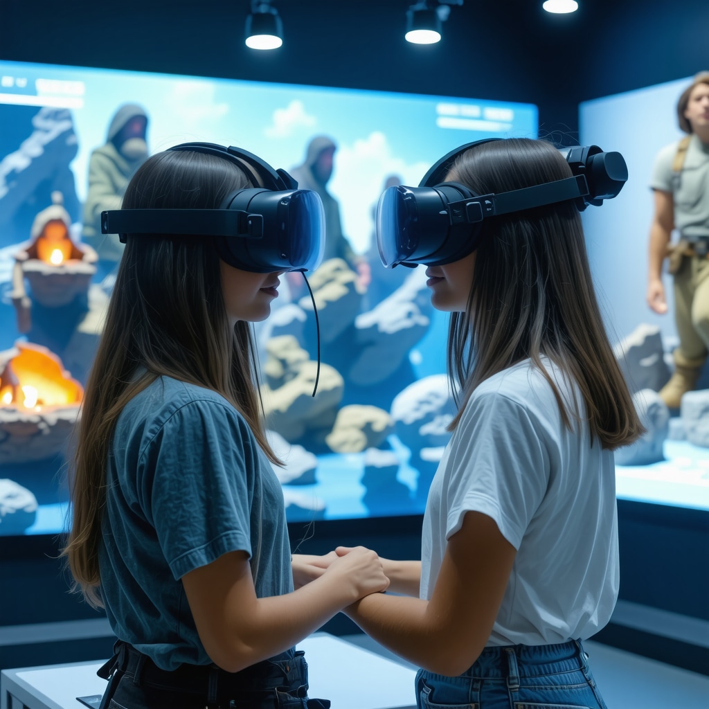 Visitors using VR headsets and AR displays to explore Romanian cultural heritage in a modern Sibiu museum