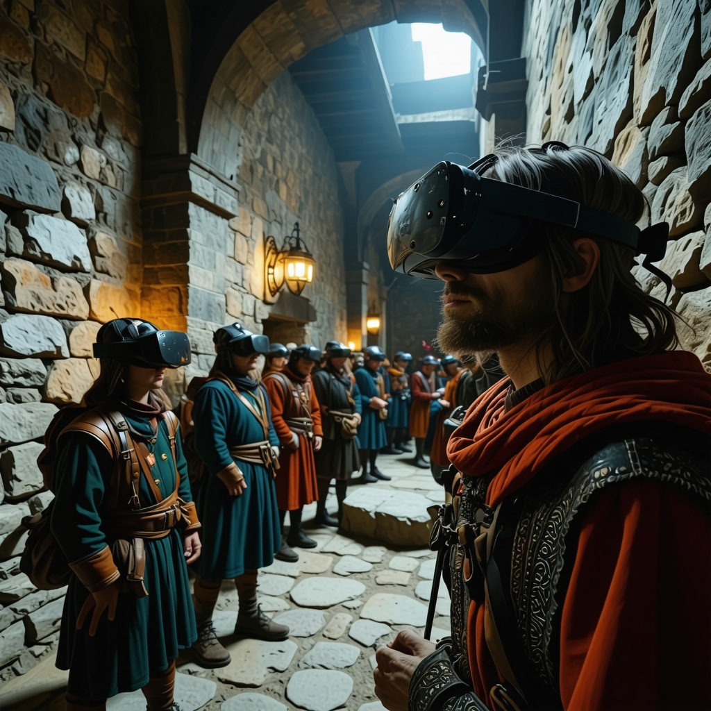 Tourists using VR headsets to explore medieval scenes inside Tsarevets Fortress