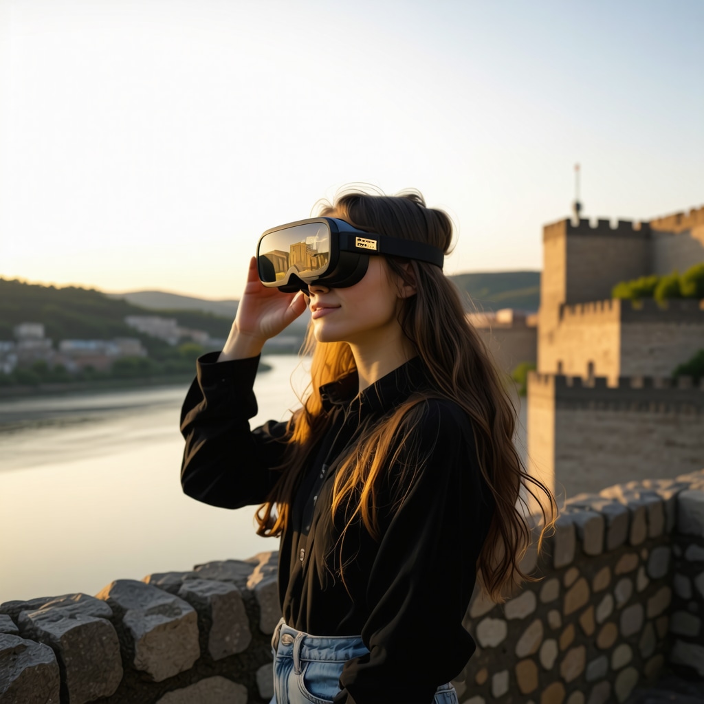 Tourist wearing AR glasses exploring Golubac Fortress with digital 3D historical reconstructions and Danube River in the background