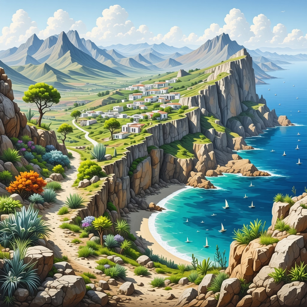 Scientific illustration of Santorini's volcanic microecosystems showing endemic species and volcanic soil layers with coastal background