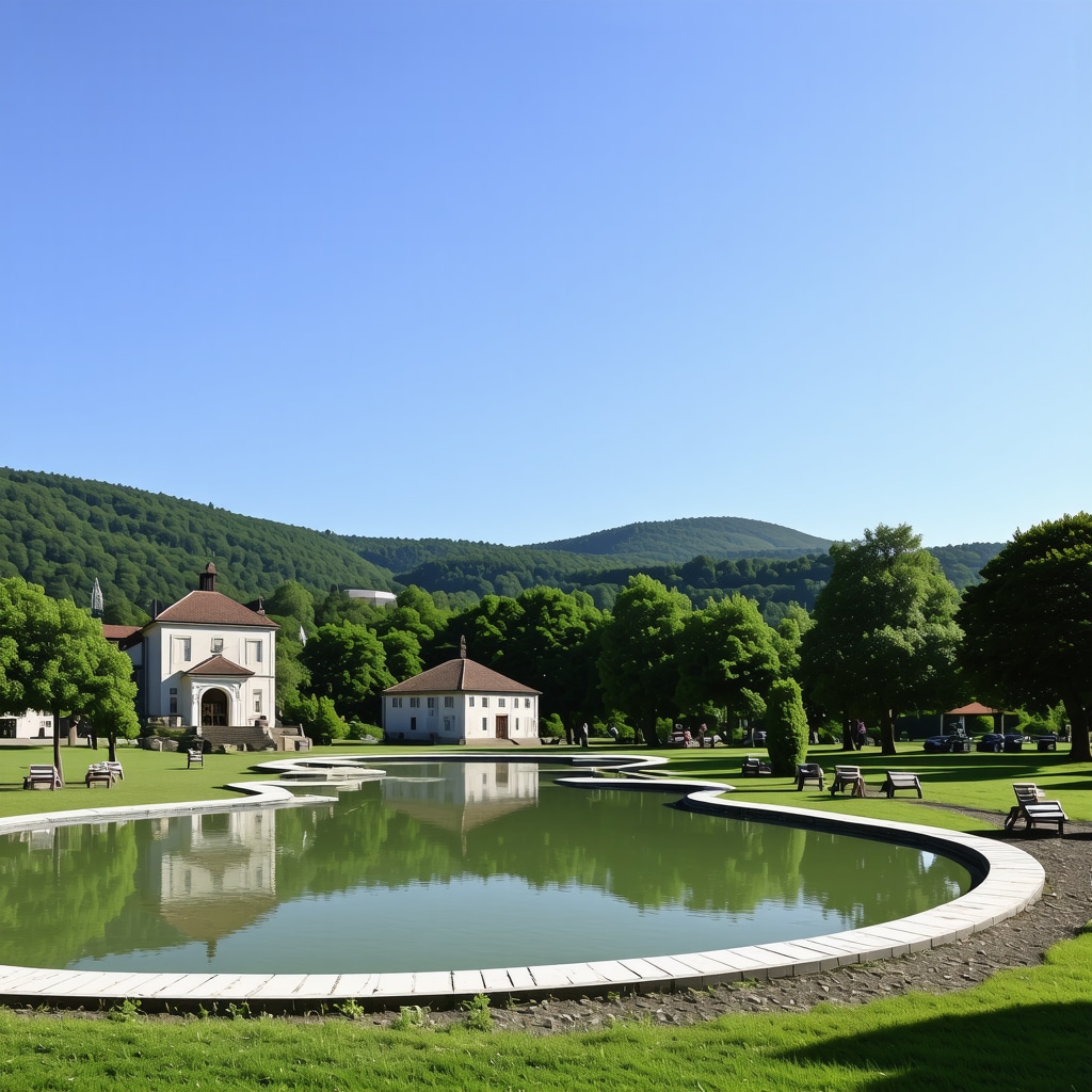 Thermal spa pools surrounded by green parks and historic buildings in Vrnjačka Banja