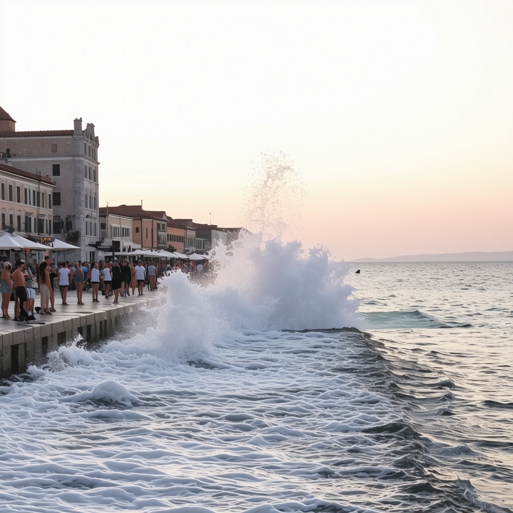 View of the Sea Organ installation in Zadar with surrounding Venetian architecture at sunset