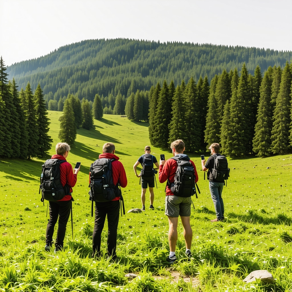 Hikers in Zlatibor mountains using smartphones with augmented reality apps for eco-tourism