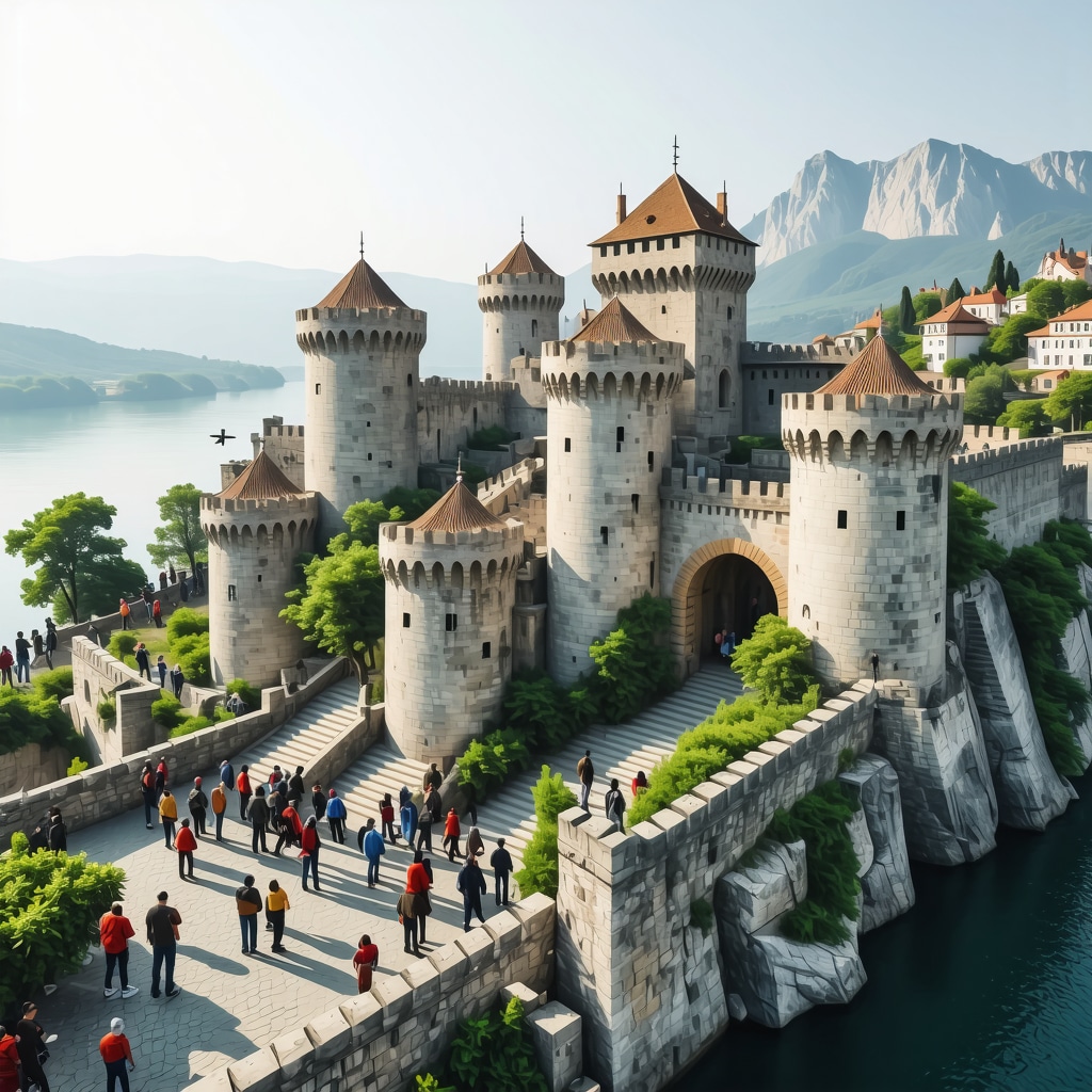 Tourists experiencing augmented reality technology during a 3D digital reconstruction of Golubac Kalaja Fortress with Danube River visible
