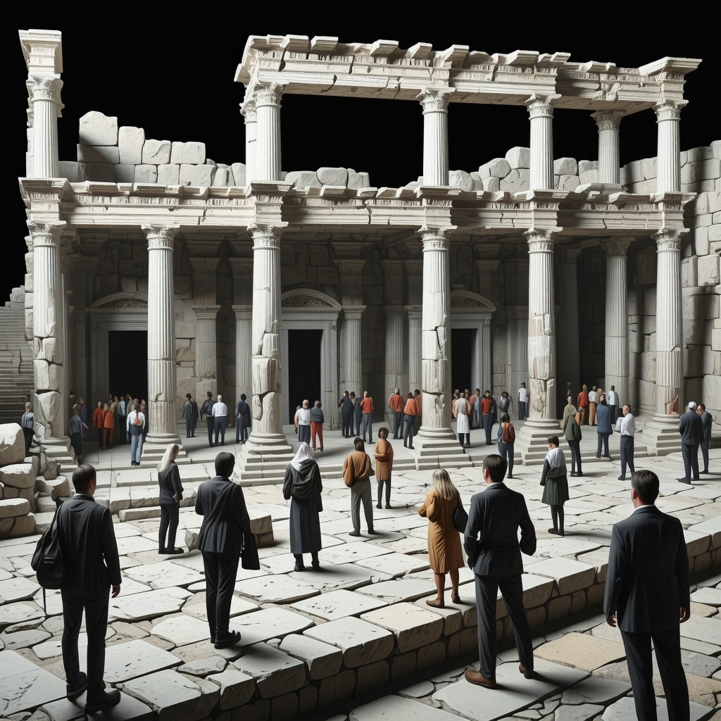 Visitors exploring 3D augmented reality reconstruction of Stobi archaeological site