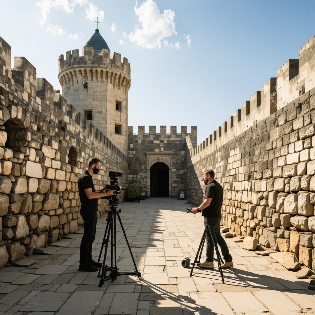 Experts performing 3D scanning on Rhodes Castle walls as part of heritage preservation efforts