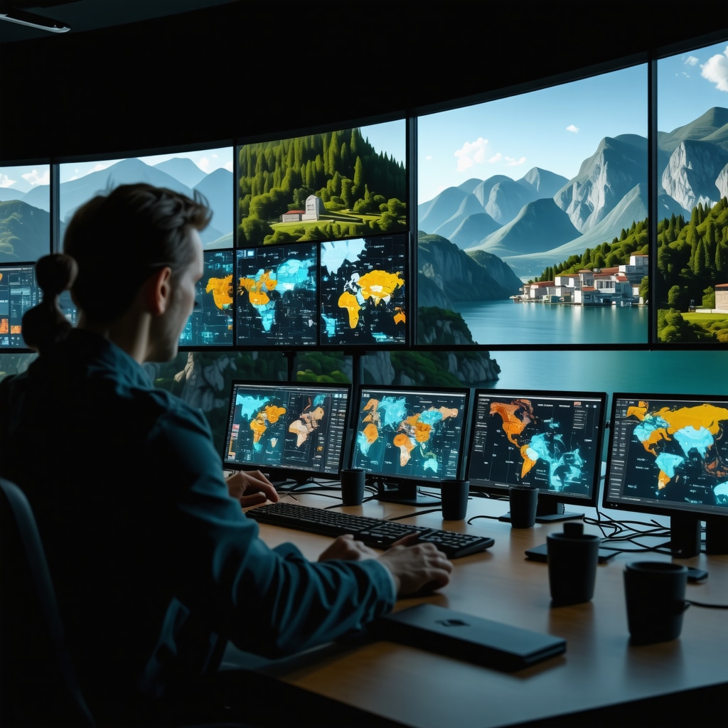 Control room with digital displays showing sustainable tourism data and AI analytics over Trebinje landscapes