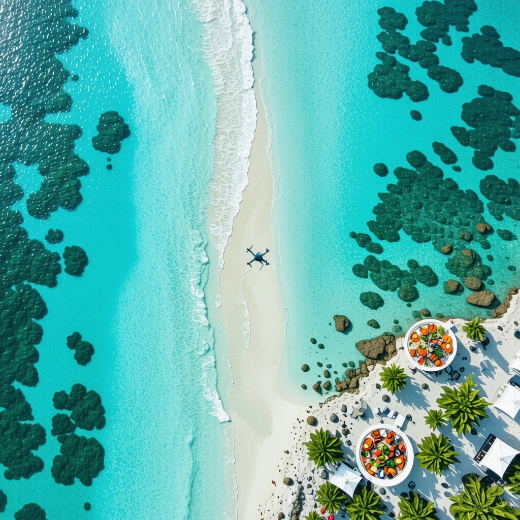 Aerial image showing drones and underwater sensors monitoring Ksamil's beaches alongside innovative local seafood culinary presentations.