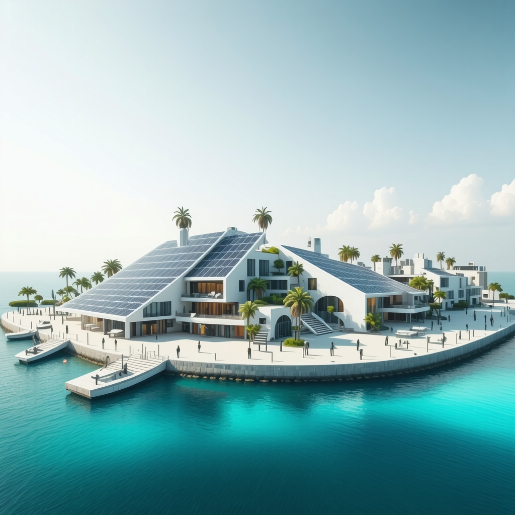 Illustration of Koper integrating green technology with natural and historic coastal environment