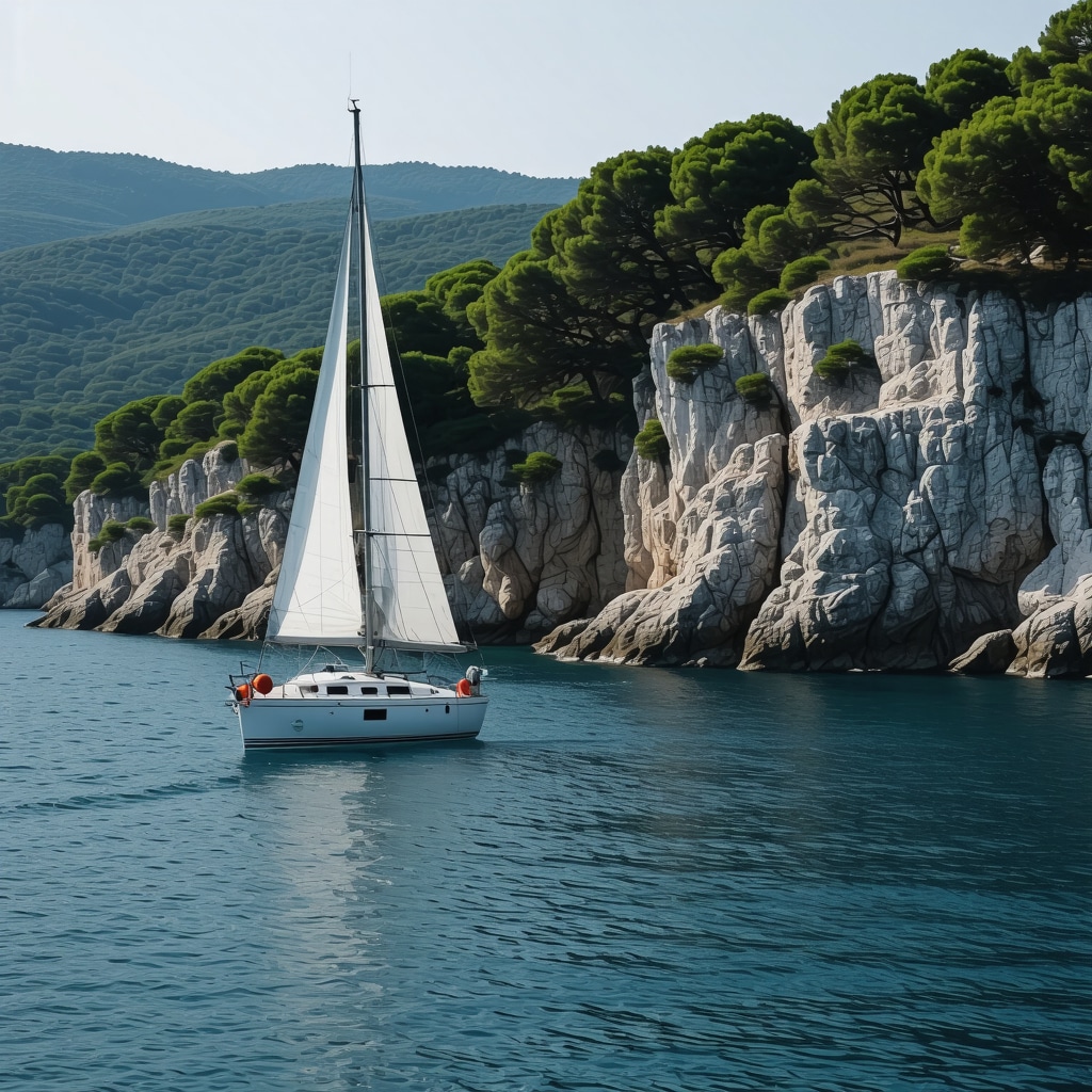 Sailing boat equipped with sensors and environmental monitoring devices on Adriatic coast near Koper