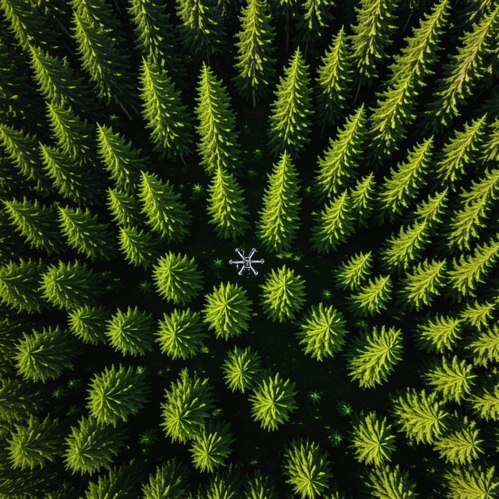 Drone equipped with sensors flying over Biograd Forest with local people monitoring ecosystem