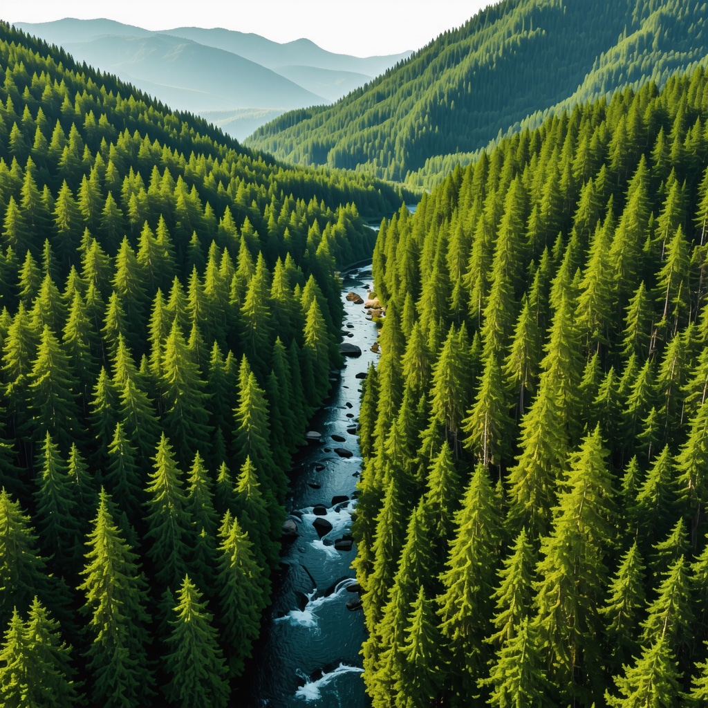 Aerial image showing the source of the Bosna River with surrounding forest, sensor equipment, and eco-friendly tourist trails