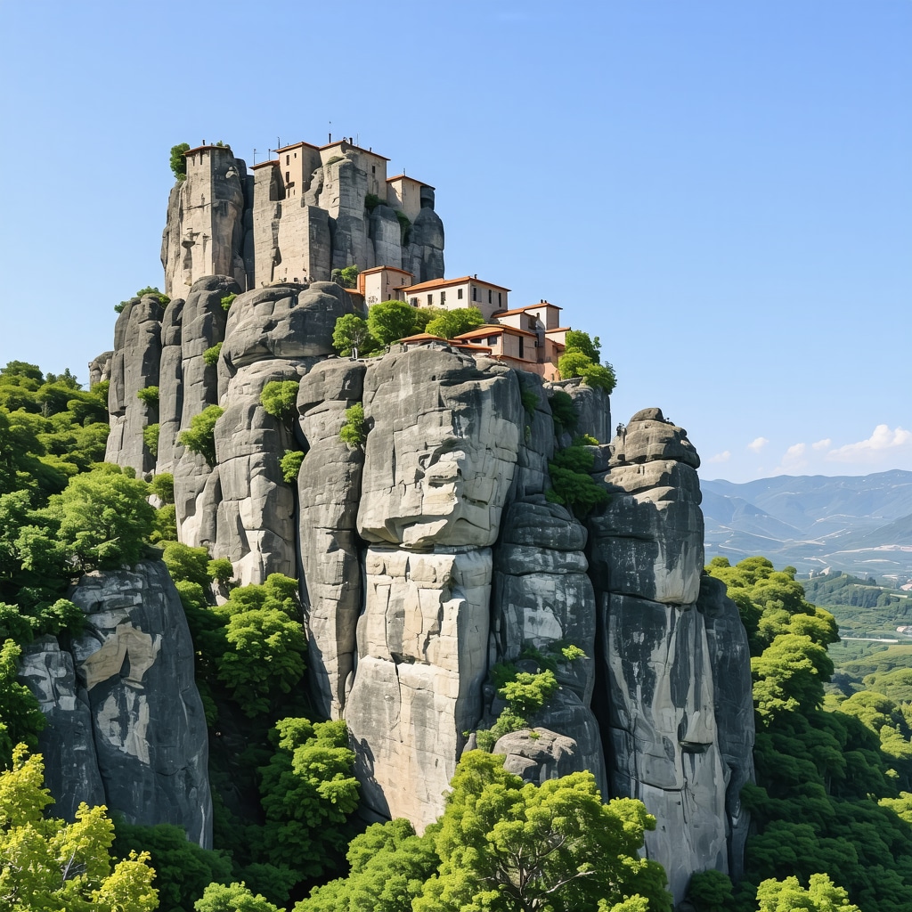Aerial photograph showing Meteora's tall rock pillars with Byzantine monasteries on top, surrounded by green vegetation and blue sky