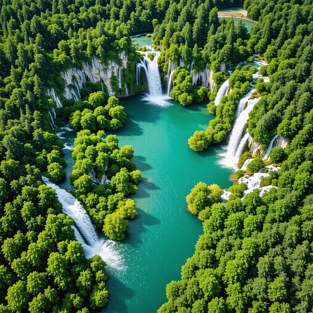 Aerial image showing the turquoise lakes, waterfalls, and surrounding forest of Plitvice Lakes National Park