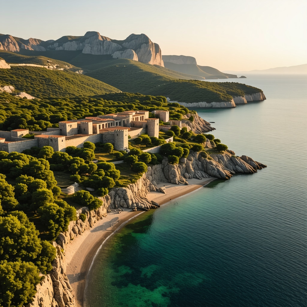 Aerial photograph of Rhodes island with medieval castles, green mountains, and Aegean beaches at sunset