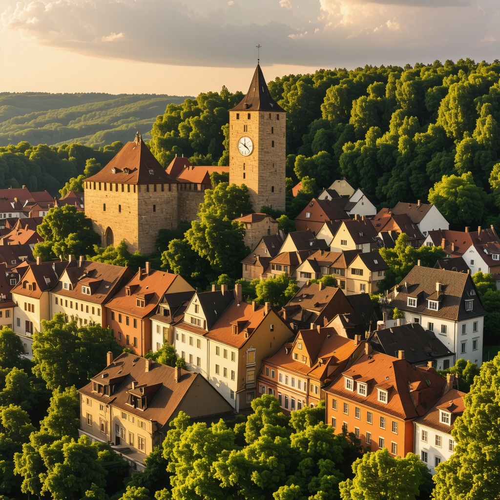 Aerial photograph showcasing Sighișoara's medieval citadel, fortified walls, and Clock Tower surrounded by vibrant rooftops