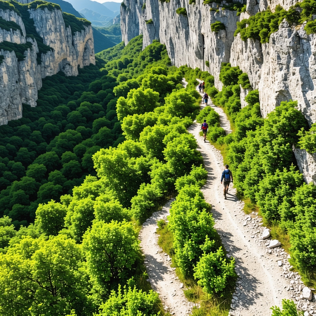 Aerial landscape of Vikos–Aoos National Park with green canyons and hikers demonstrating sustainable eco-tourism practices