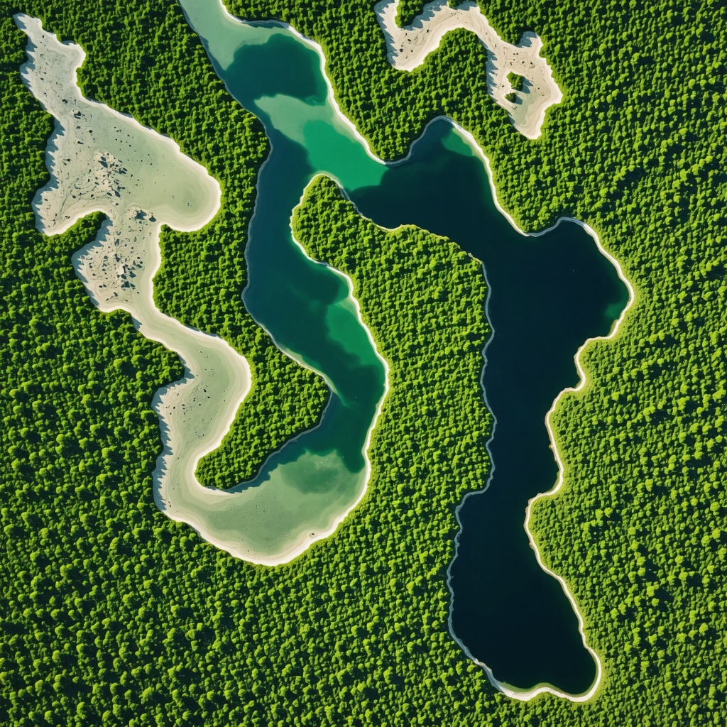 Aerial photograph of diverse ecosystems in Divjakë National Park with lagoons and forests