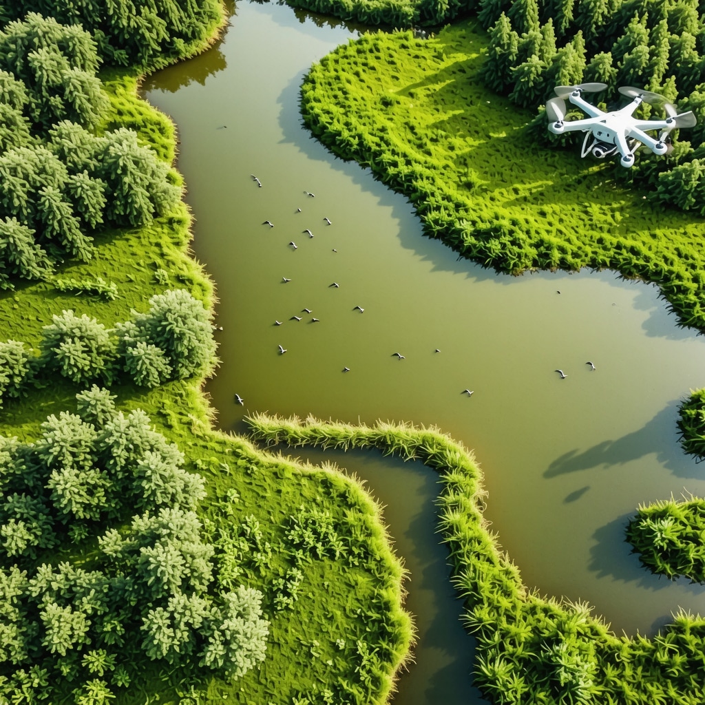 Aerial landscape of Divjakë Nature Reserve featuring wetlands, flying birds, and drones used for environmental monitoring