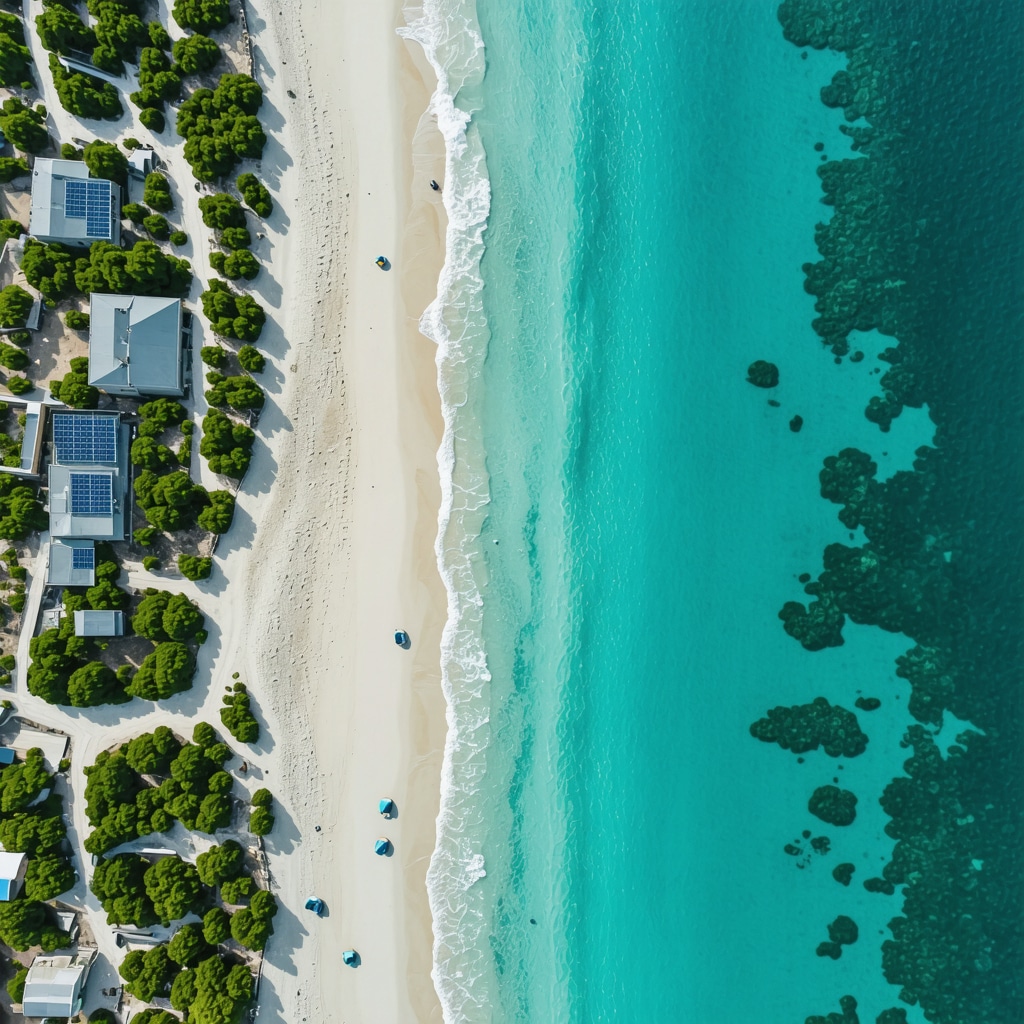 Aerial image of Foça beaches with sustainable tourism facilities and clear waters showing marine life