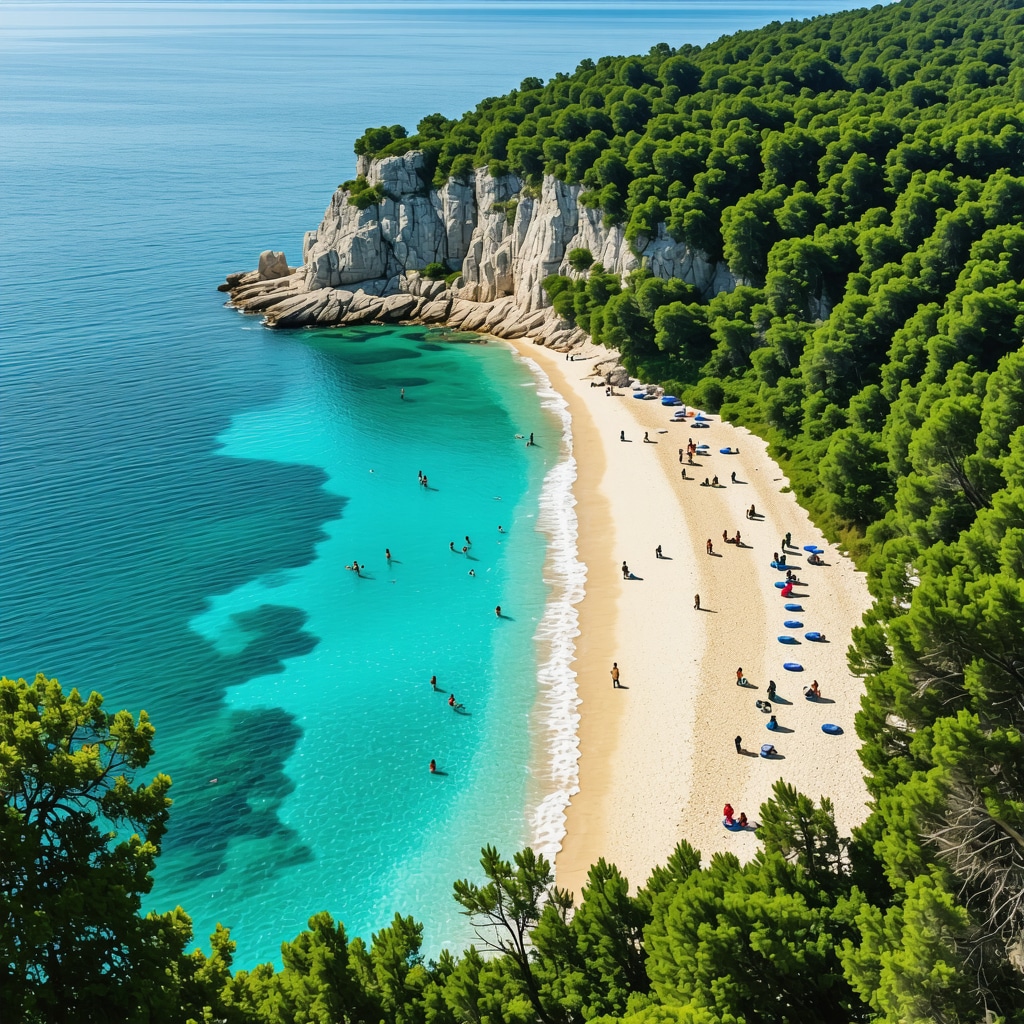 Golden Sands beach with blue sea and green forest in Bulgaria