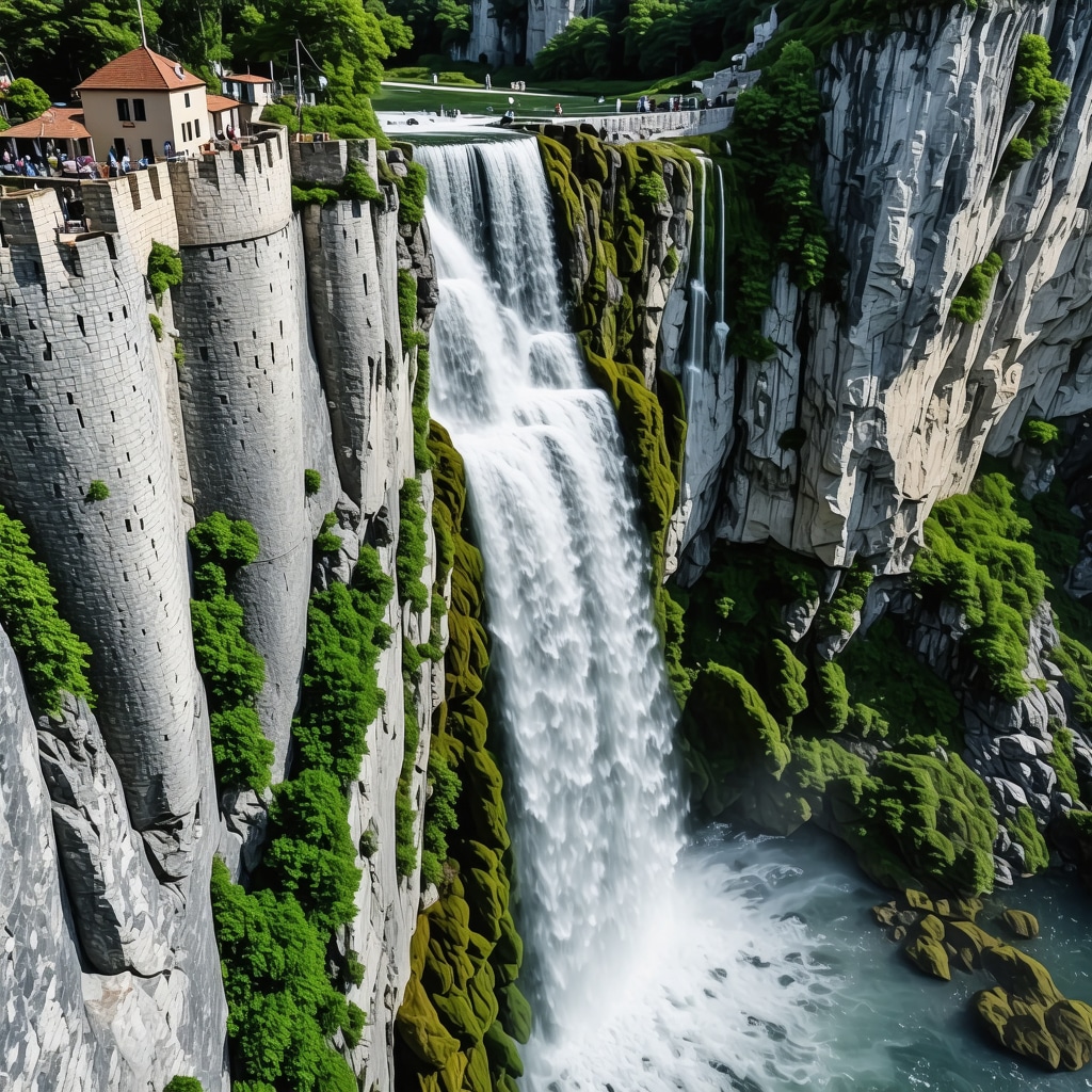 Aerial image of Jajce showcasing waterfall, historic fortress, and eco-tourism infrastructure