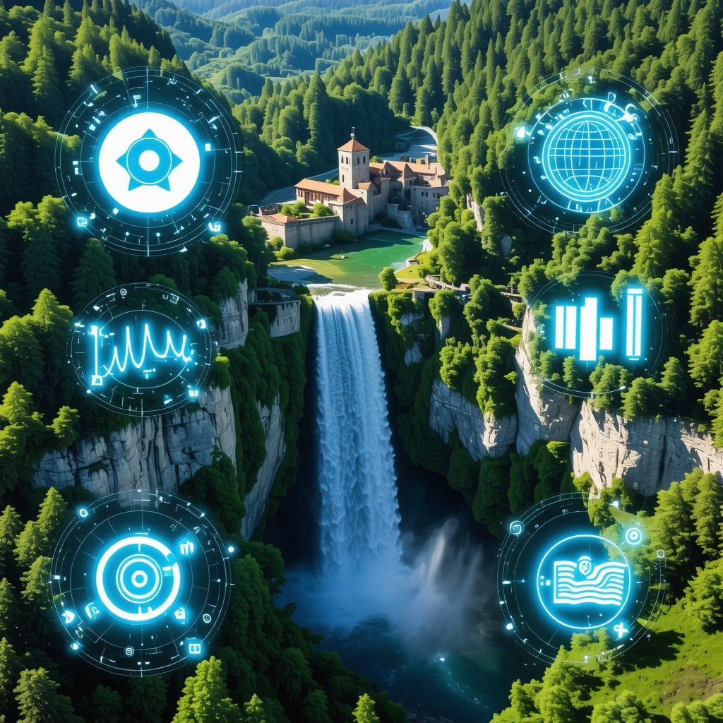 Aerial image of Jajce waterfall and fortress with digital AI monitoring icons