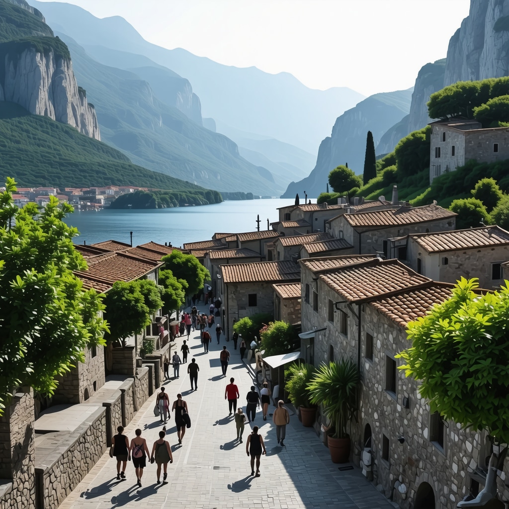 Aerial image of Kotor old town with tourists, mountains, and sea illustrating heritage conservation and sustainable tourism