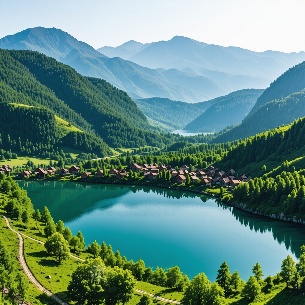 Aerial photo showing Lake Argjendë with clear water, hiking paths, and traditional villages in Albanian mountains