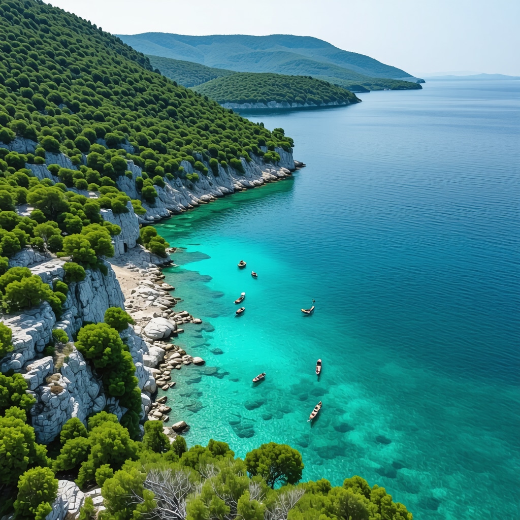 Aerial photo of Lastovo island with clear waters, pine forests, and eco-tourism activities