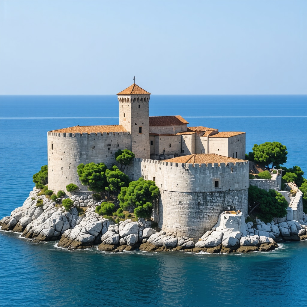 Detailed aerial image of Nehaj Fortress with Adriatic Sea coastline in Senj, Croatia