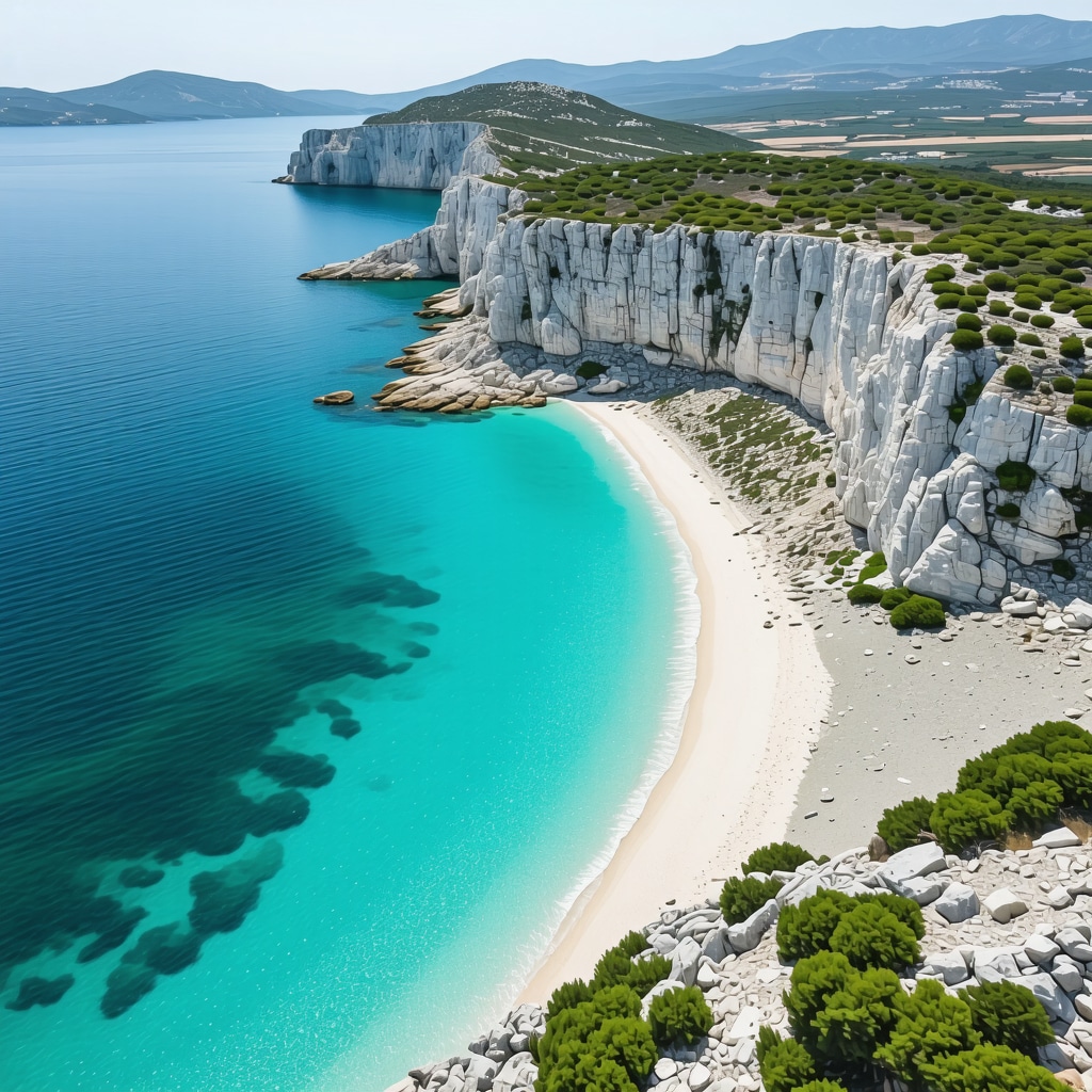 Aerial photograph of Pag island highlighting its crystal-clear Adriatic waters, sandy beaches, and eco-friendly tourist facilities surrounded by natural landscape
