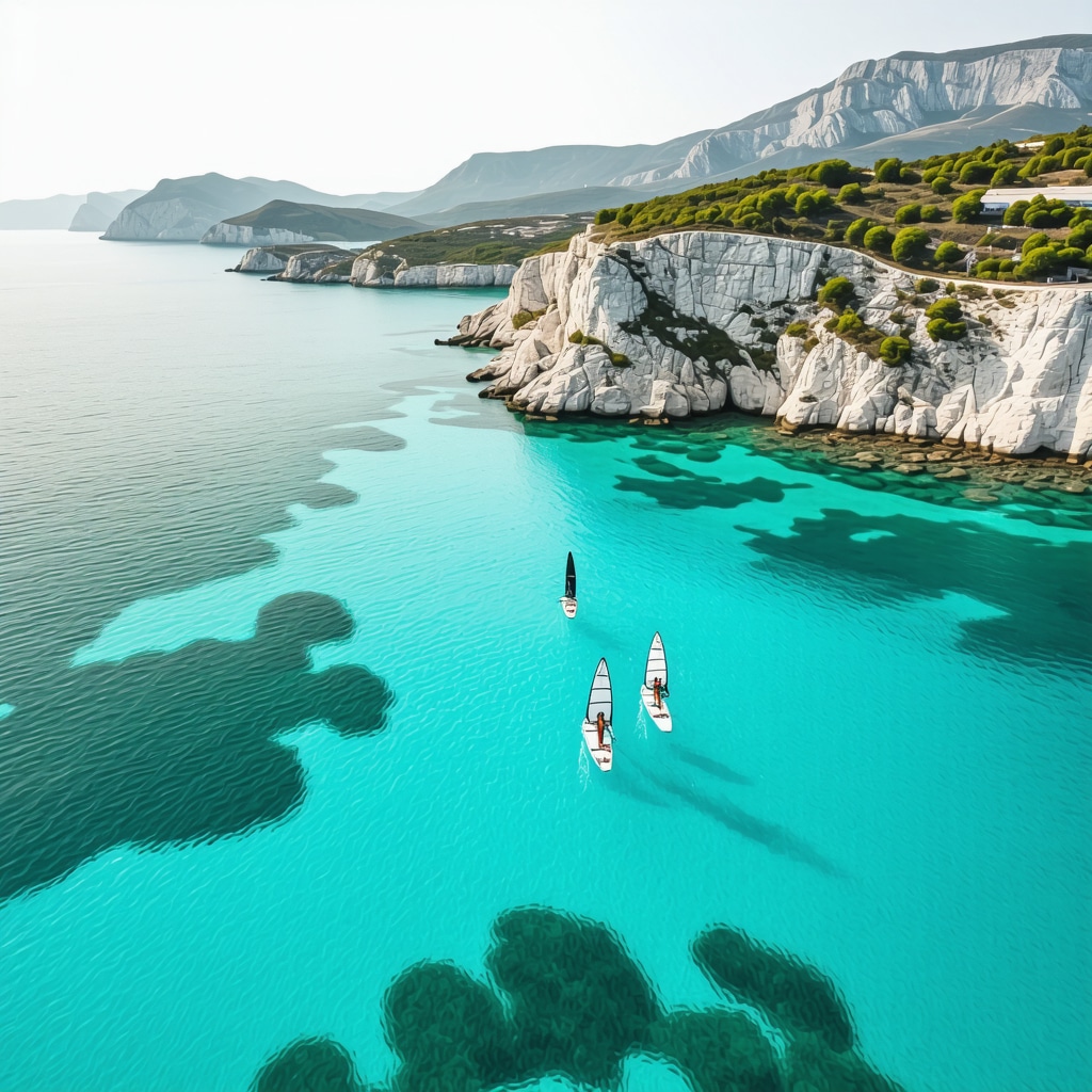 Aerial photo of Pag island featuring windsurfers and paddleboarders in crystal-clear Adriatic sea surrounded by natural landscapes