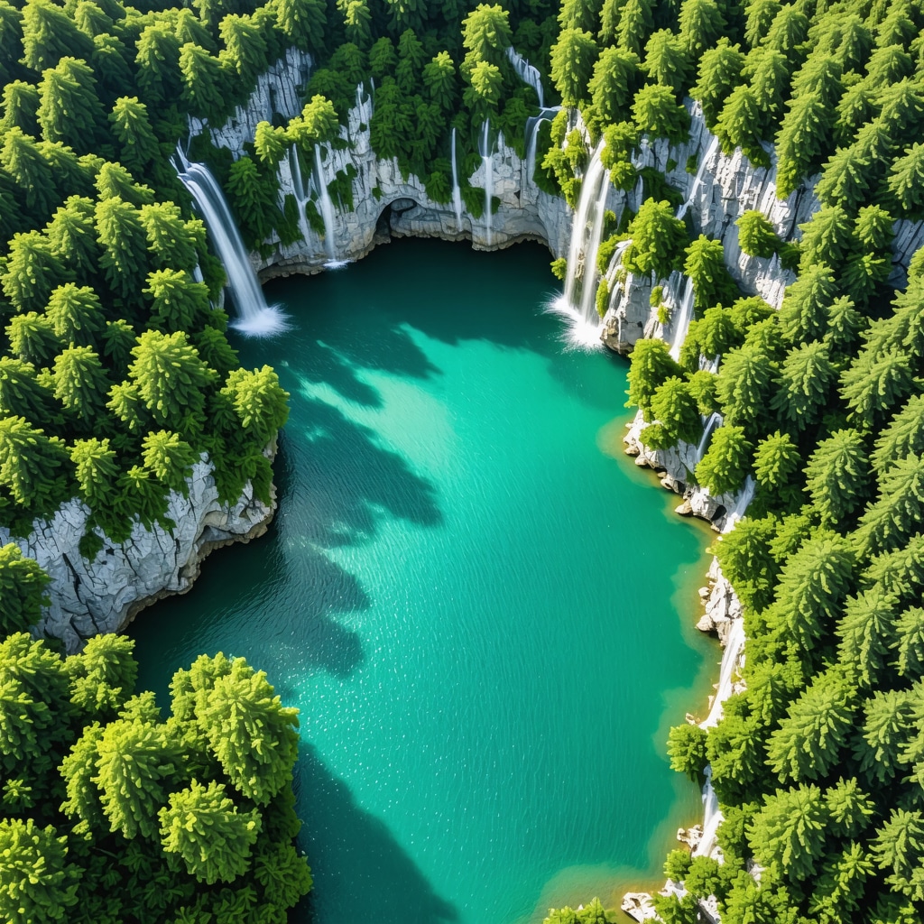 Aerial image of Plitvice Lakes National Park featuring turquoise waters, cascading waterfalls, and lush forests