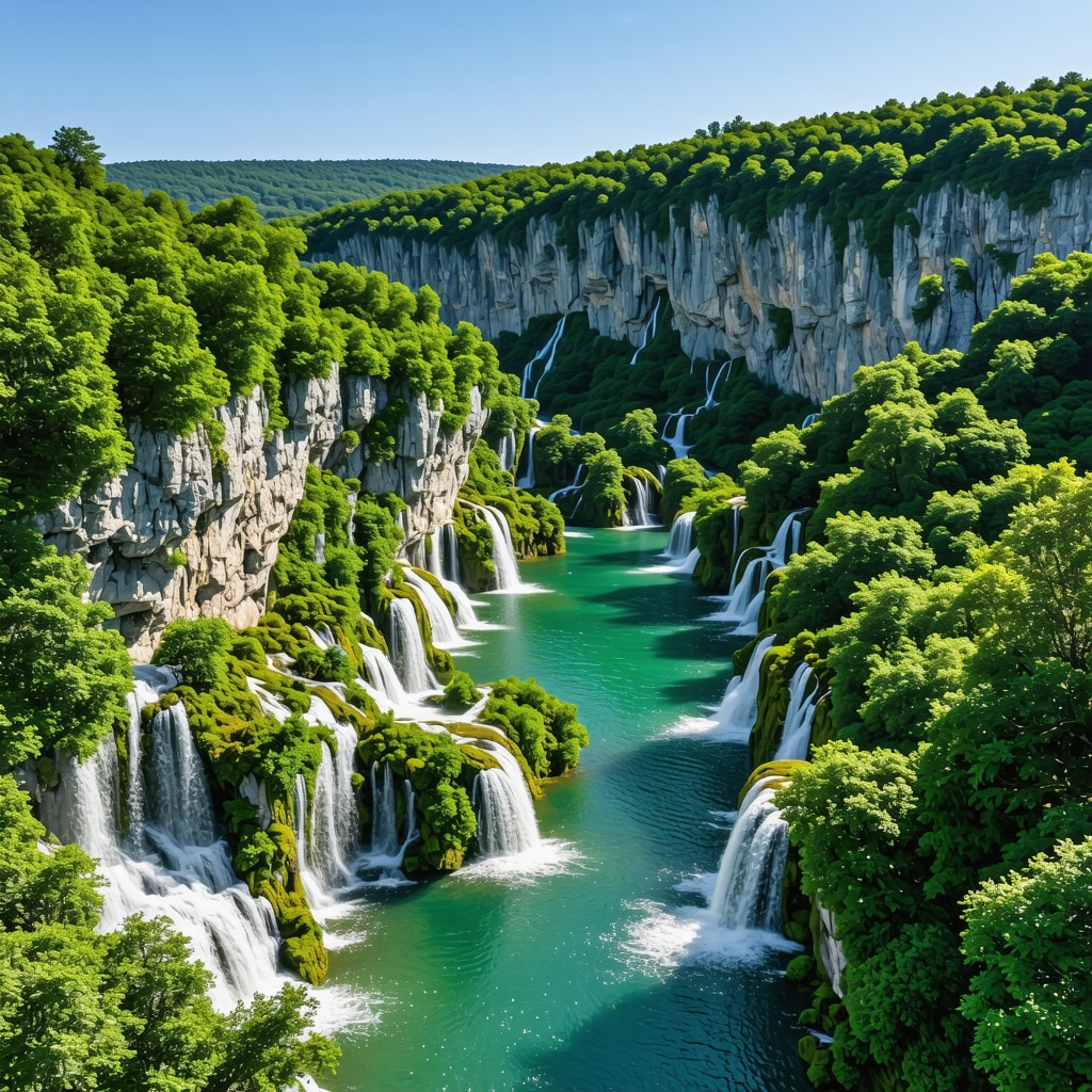 Aerial photograph showing Plitvice Lakes National Park with waterfalls, green forest, and turquoise lakes
