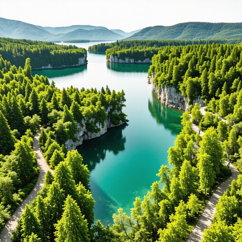 Aerial photograph of Plitvice Lakes with turquoise lakes, waterfalls, and surrounding lush green forest