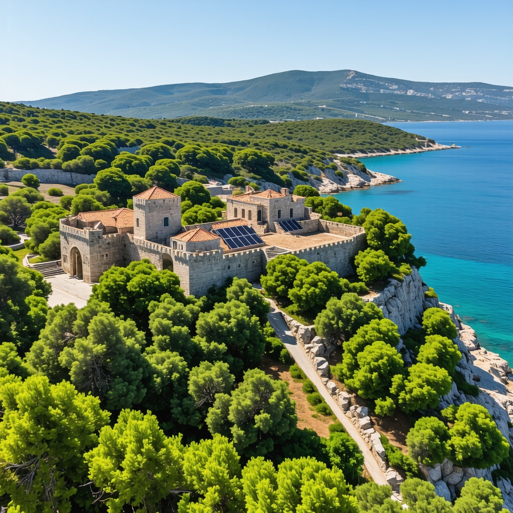 Aerial image of Rodos island with castles, forests, beaches and solar panels representing sustainable tourism