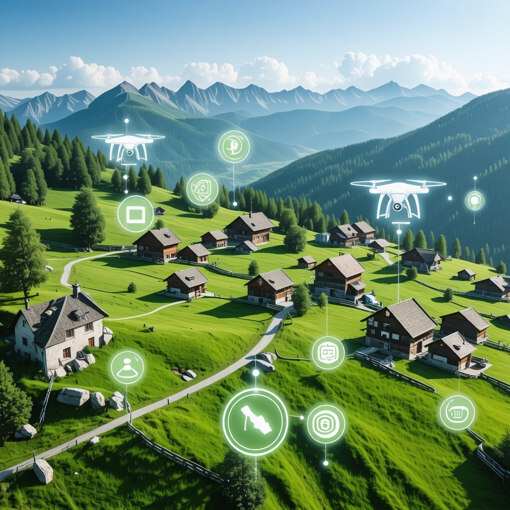 Aerial landscape of Rožaje mountains with hiking trails, villages, and digital technology icons