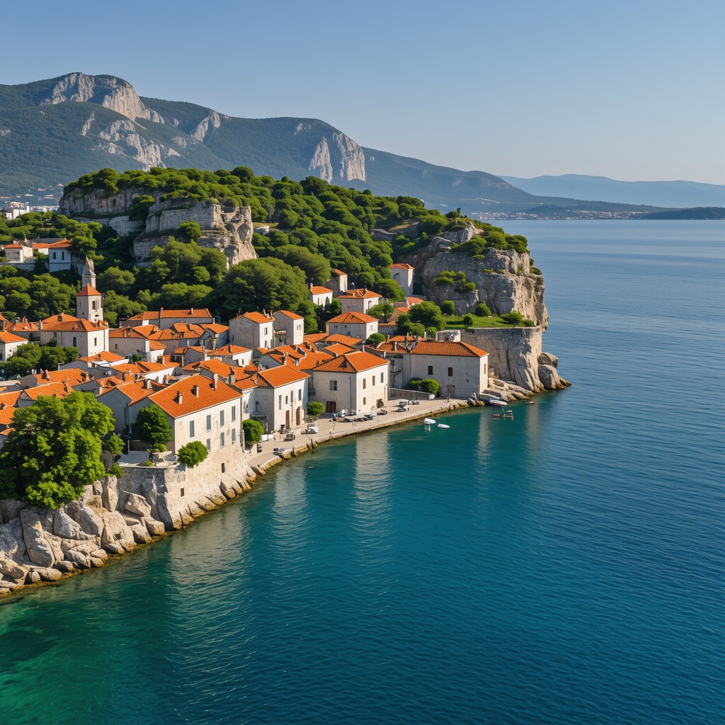 Aerial photograph showing Trogir's medieval buildings alongside the Adriatic Sea and natural marine habitats