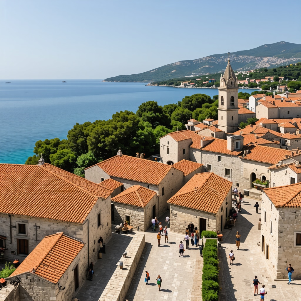 Aerial view of Trogir old town with tourists using mobile guides and visible medieval architecture
