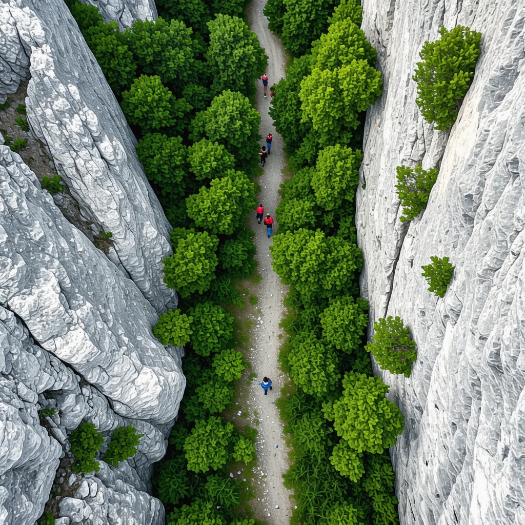 Aerial photo showcasing sustainable hiking trails in the lush Vjetrenica Canyon ecosystem