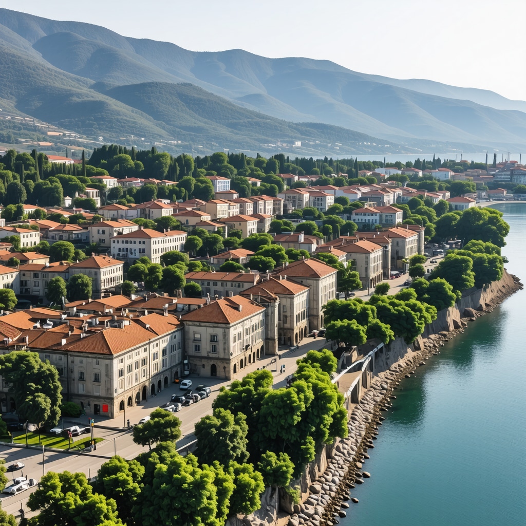Aerial image showing Xanthi's mix of Ottoman architecture, natural landscapes, and summer tourist activities
