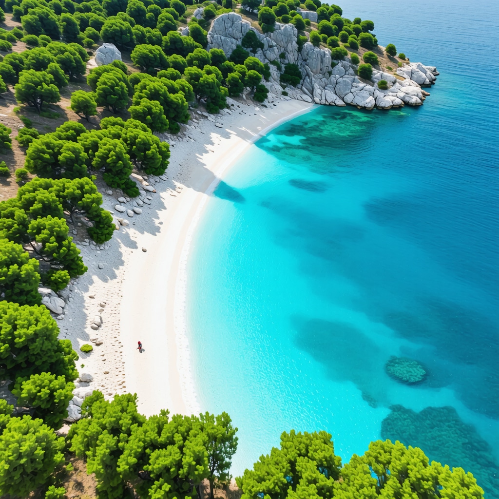 Aerial photo showing turquoise waters and lush green islands near Shibenik, Croatia