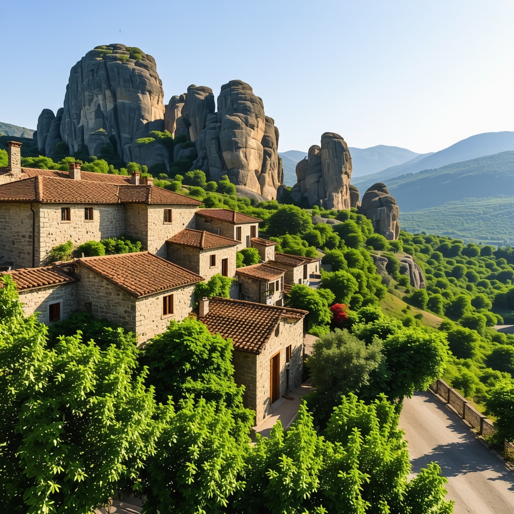 Drone aerial image showing traditional stone village houses with red tile roofs in Kalambaka surrounded by green nature and Meteora rock formations